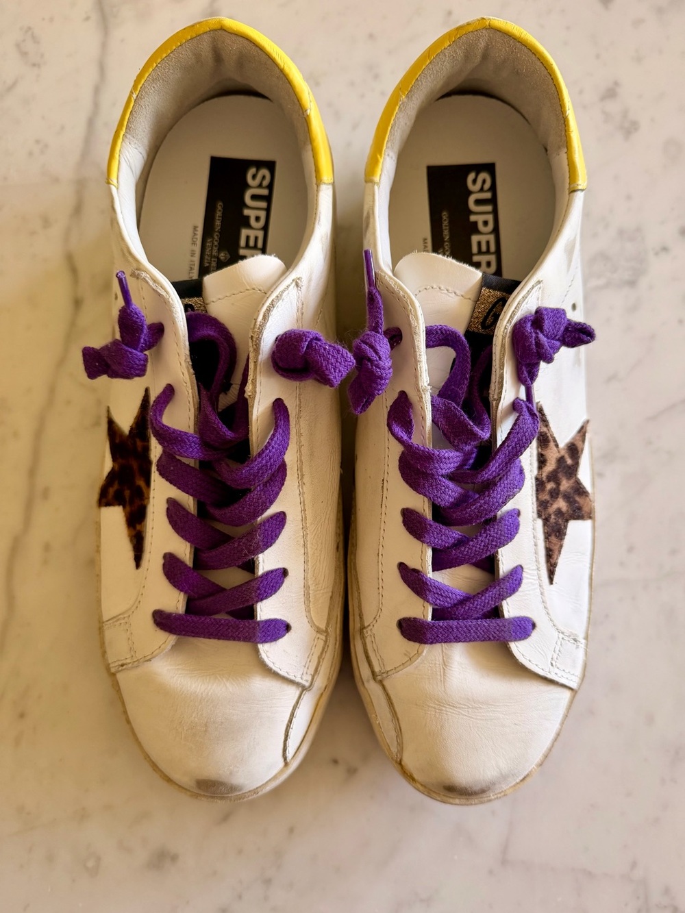Women’s Golden Goose Super Stars Sneakers White Leather/Leopard/Purple Laces